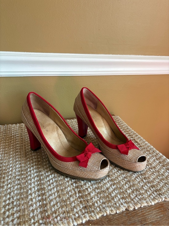 AEROSOLES Shoes - Aerosoles Beige and Red Peep-Toe High Heels with Bow Accents